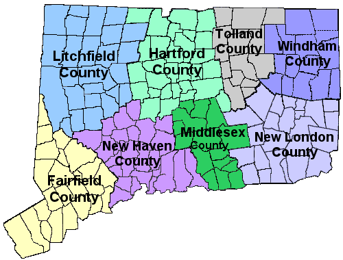 map of the state of Connecticut by counties linking to each county's section for news and updates pertaining to towns and schools in that county